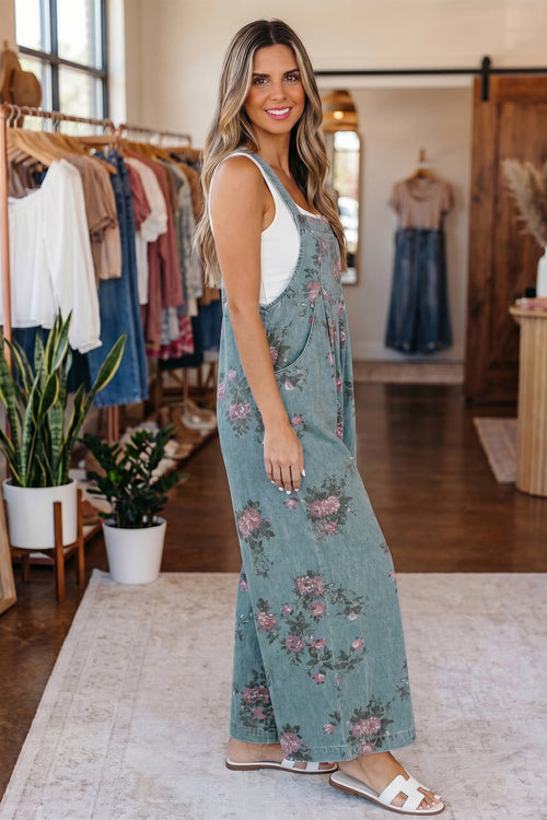 Beau Blue Floral Print Pleated High Waist Wide Leg Denim Jumpsuit